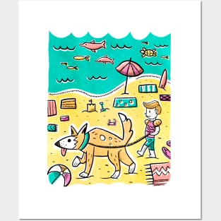 Mid-century Boy Walking his Big Dog on the Beach Posters and Art